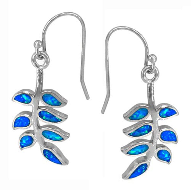 Sterling Silver Blue Fire Opal Leaf Dangle Earrings - Click Image to Close